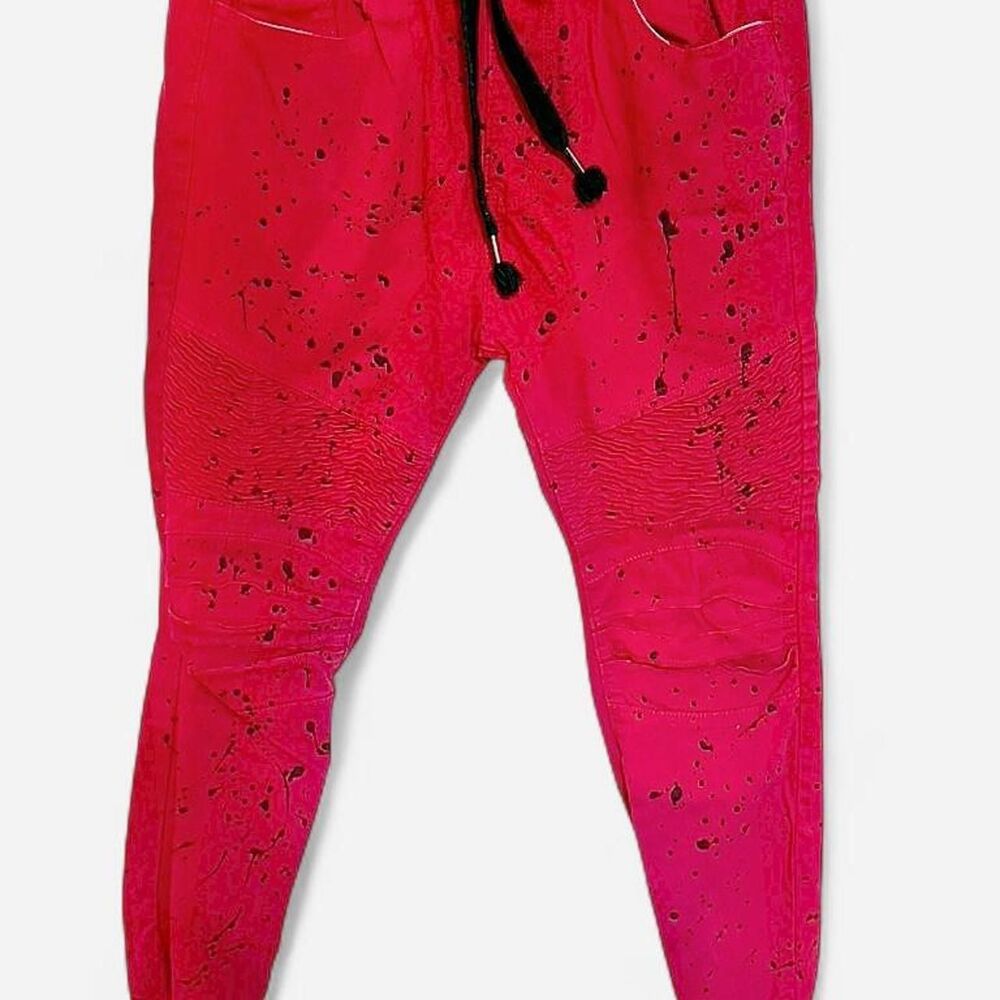 Demolition Jeans Red Paint Splatter Moto Twill Joggers - XL - Streetwear